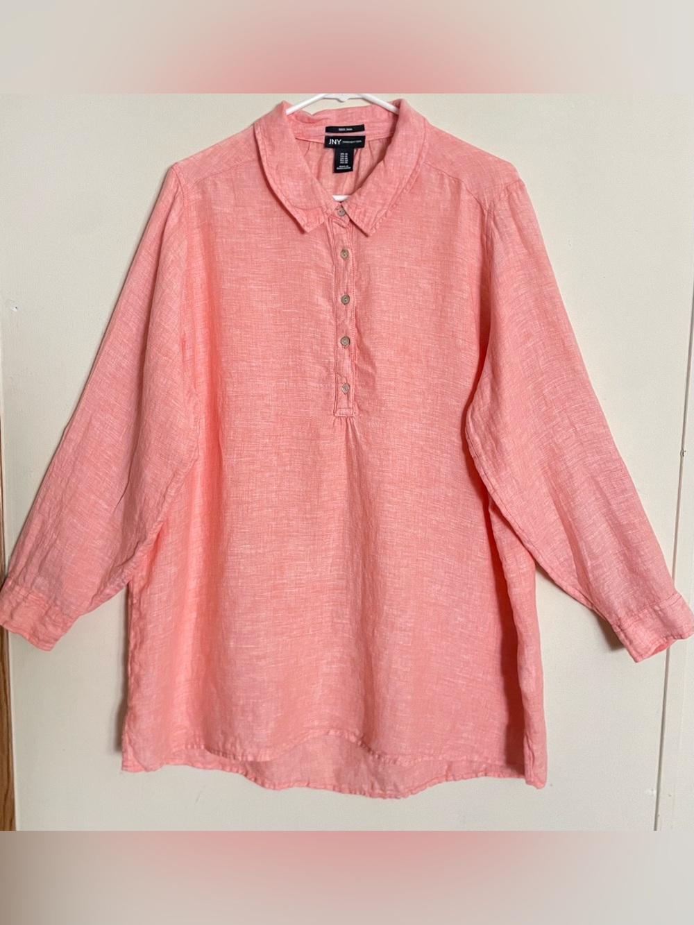 Jones New York Peach Linen Roll-Tab Sleeves Front Button Shirt